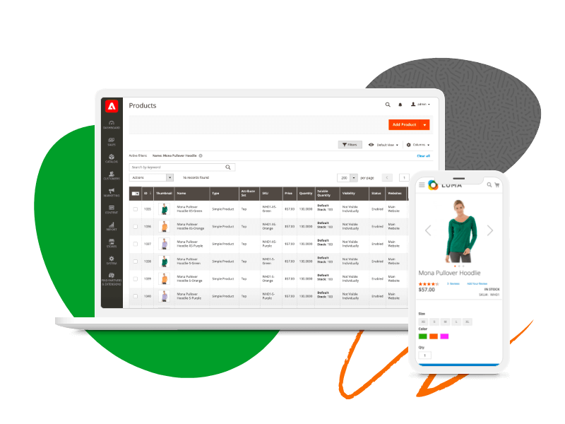 Adobe Commerce product management dashboard. 