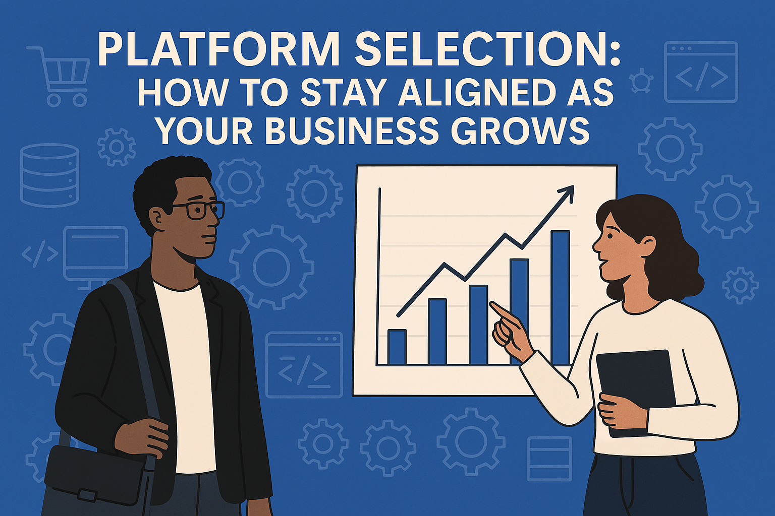 Cartoon man and woman in front of a chart illustrating growth with title Platform Selection: How To Stay Aligned As Your Business Grows