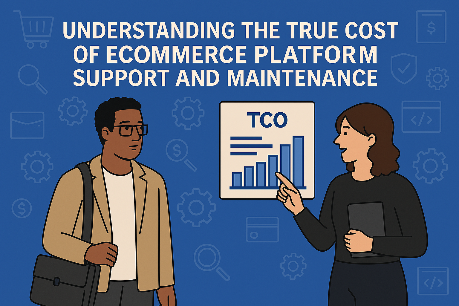 Cartoon man and woman in front of chart about Total Cost of Ownership for eCommerce platforms