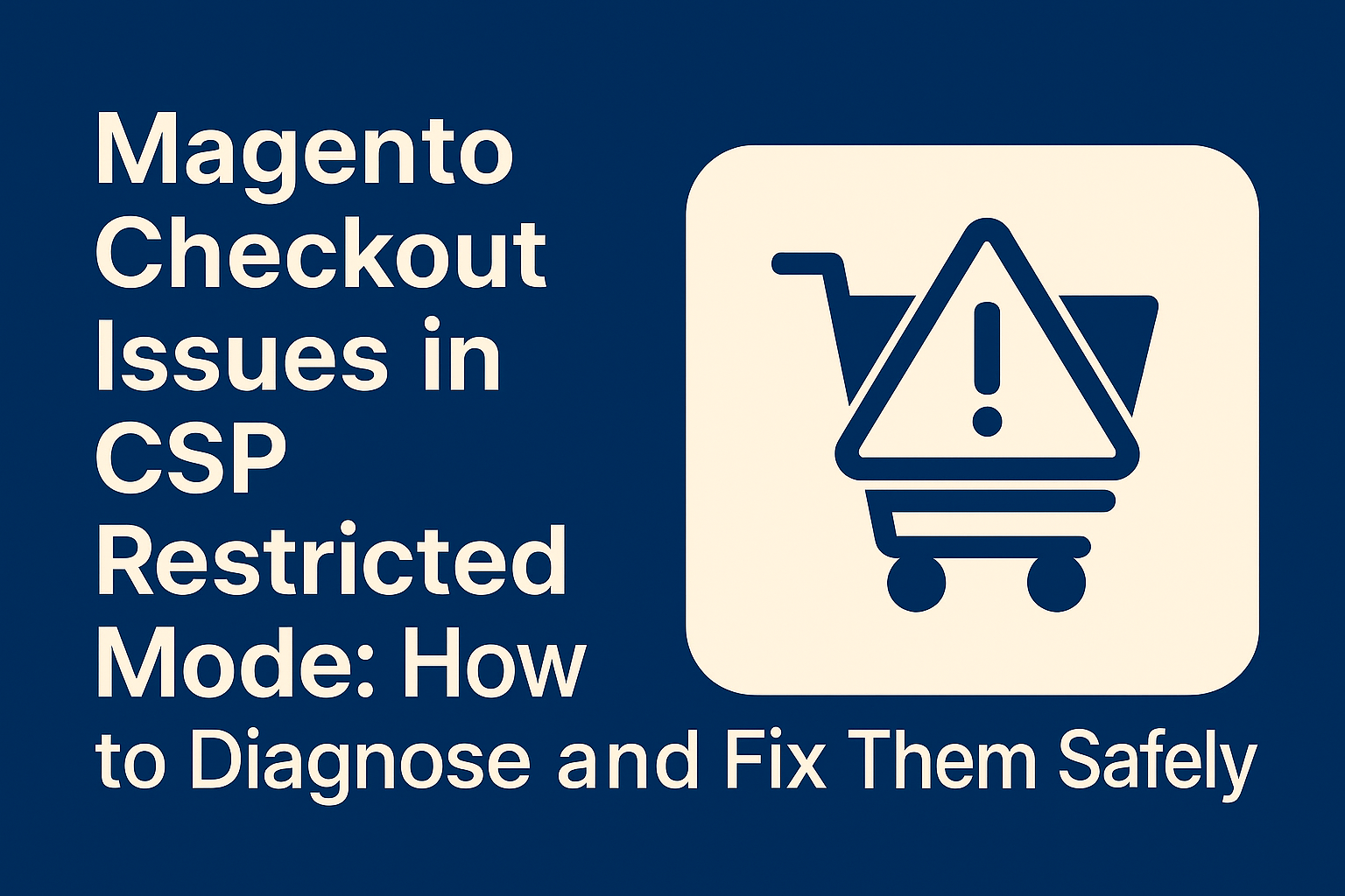 A blue background with the blog title: Magento Checkout Issues in CSP Restricted Mode: How to Diagnose and Fix Them Safely next to a shopping cart icon with an exclamation point on it