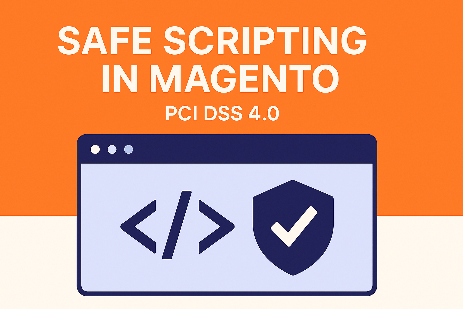 Orange background with blog title Safe Scripting In Magento and a lavender section with a code icon and a badge checkmark icon