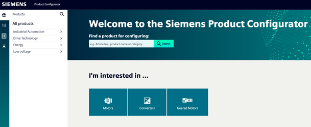 Siemens product configurator screenshot