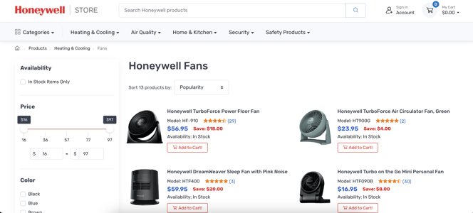 Honeywell B2B eCommerce store screenshot