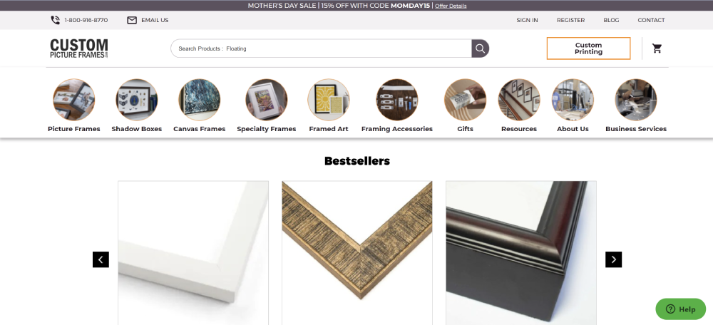 Screenshot of the Custom Picture Frames website