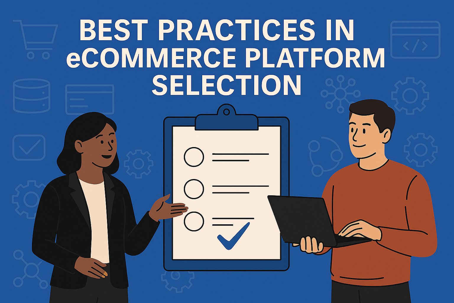 A cartoon woman and man standing in front of a checklist with the title Best Practices in eCommerce Platform Selection