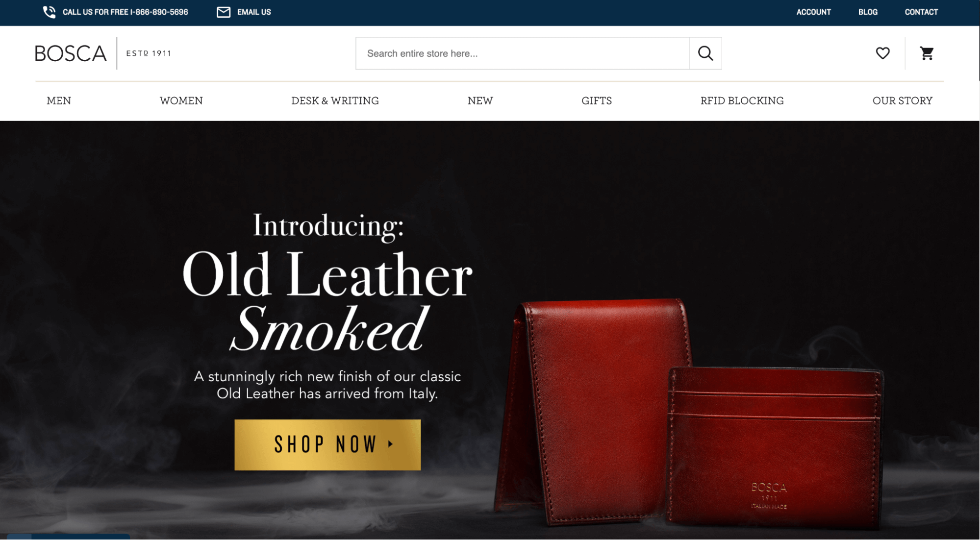 Bosca homepage: Introducing old leather smoked. 